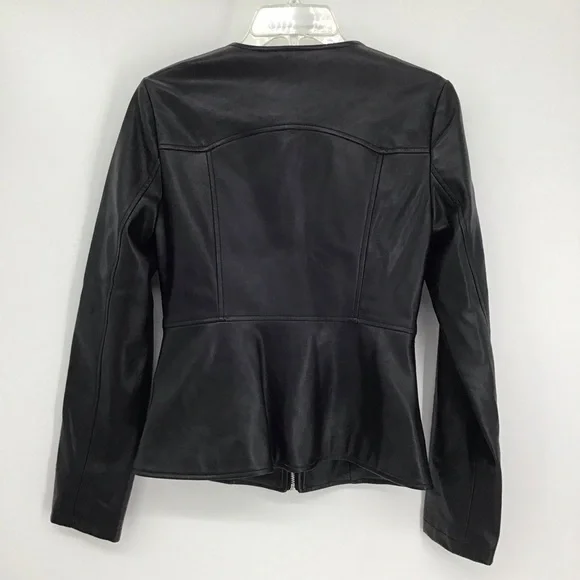 ZARA Faux Leather Moto Biker Collarless Jacket Edgy Career Black Size Small - Picture 4 of 10